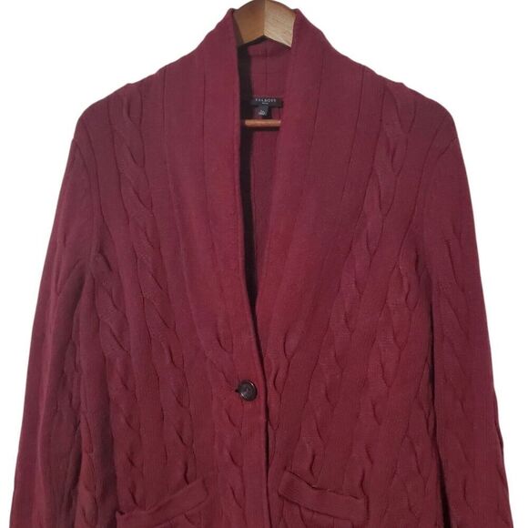 Talbots Sweater Womens Medium Red Cable Knit Shawl Cardigan Wool Preppy Classic - Picture 2 of 9